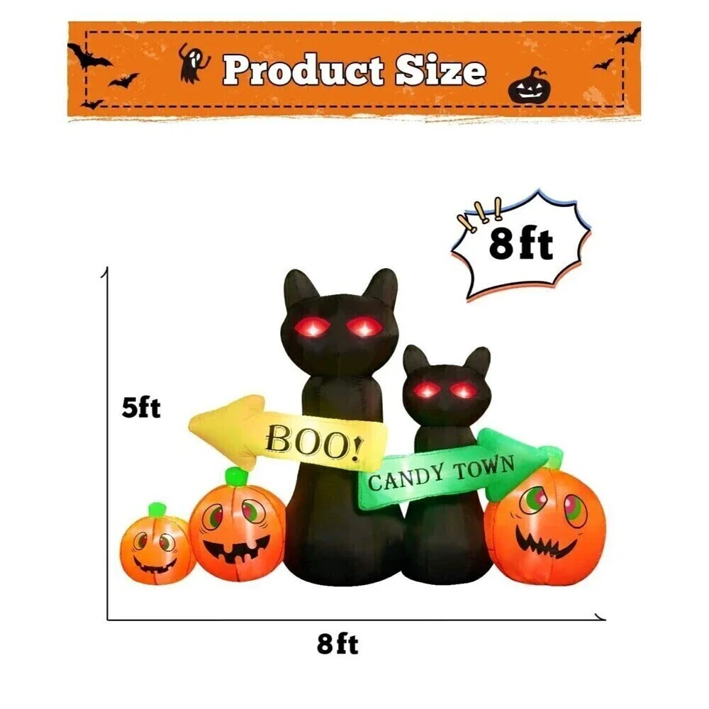 New 8 FT Halloween Inflatables Light Up Black Cat Pumpkins